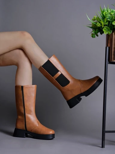 Stylestry Smart Casual Tan Long Boots For Women & Girls