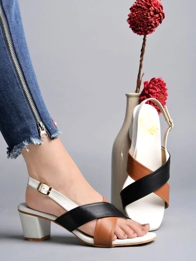 Stylestry Stylish Cross-Strap Casual White Block Heeled Sandals For Women & Girls
