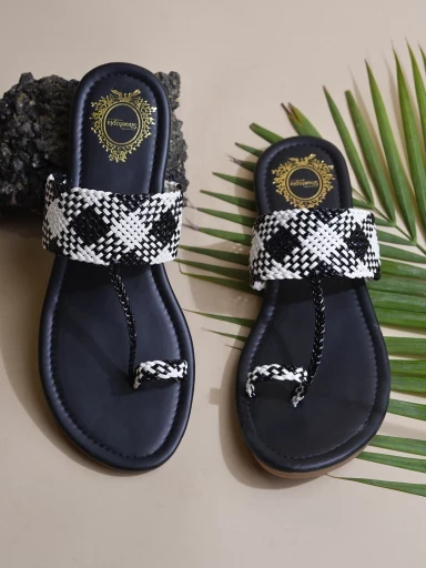Stylestry Ethnic Black Kolhapuri Flats For Women & Girls
