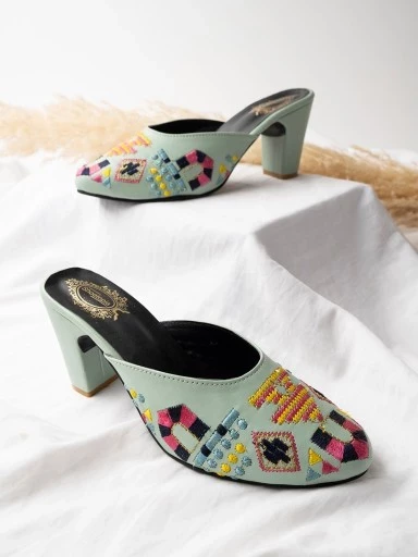 Stylestry Embroidered Green Heeled Mules For Women & Girls