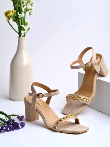 Stylestry Stylish Chain Deatailed Cream Block Heeled Sandals For Women & Girls