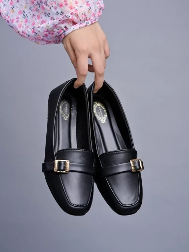 Stylestry Square Toe Buckle Detailed Black Bellies For Women & Girls