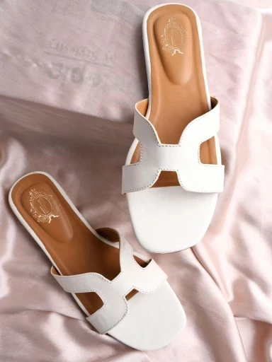 Shoetopia Stylish Square Toe and Trendy H-shaped  White Flats For Women & Girls