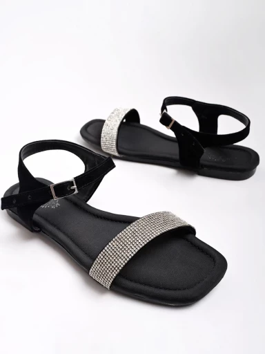 Stylestry Embellished Rhinestones Strap Black Flat Sandals For Women & Girls
