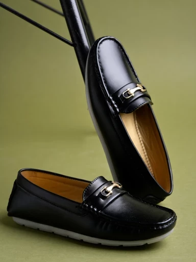 Stylestry upper Buckle Detailed Black Loafers For Women & Girls