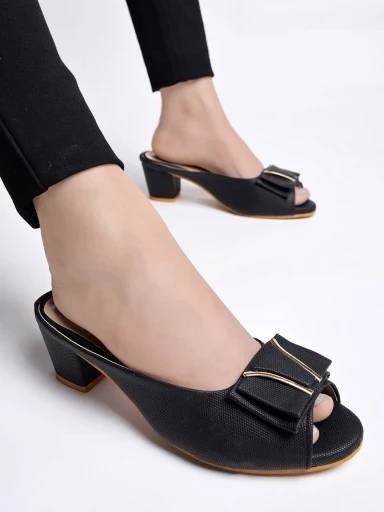 Stylestry Stylish Upper Bow Detailed Black Block Heels For Women & Girls