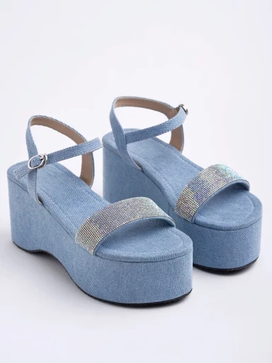 Stylestry Embellished Denim Blue Platform Heels For Women & Girls