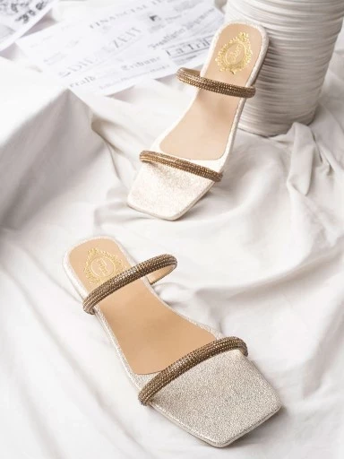 Stylestry Trendy & Elegant Studded Strap Golden Flats For Women & Girls