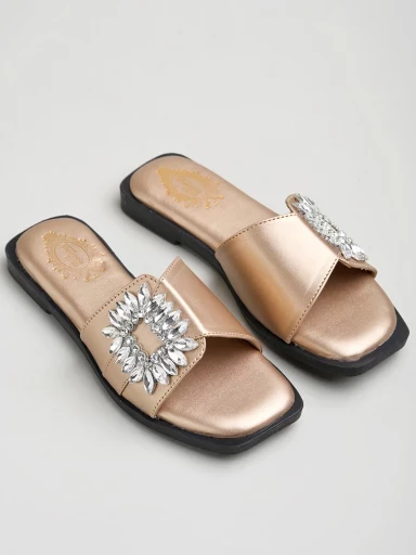 Stylestry Embellished Crystal Buckle Detailed Rose-Gold Flats For Women & Girls