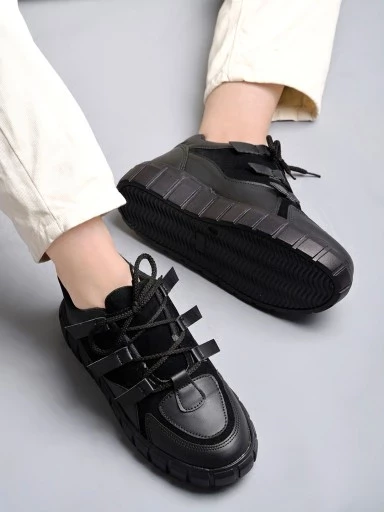 Shoetopia Stylish Lace-up Black Colored Sneakers For Women & Girls