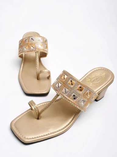 Stylestry Classic Golden Kolhapuri Heels For Women & Girls