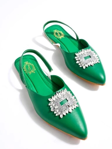 Stylestry Embellished Front Studded Buckle Green Mules For Women & Girls