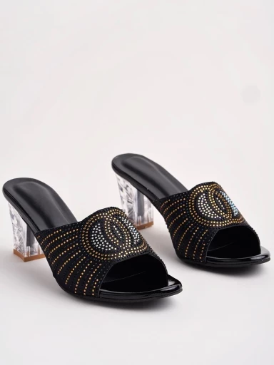 Stylestry Embellished Black Block Heels For Women & Girls