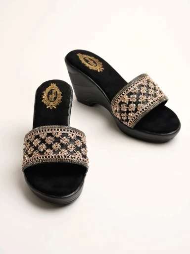 Stylestry Embellished Sequence Detailed Black Wedges For Women & Girls