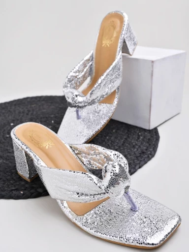 Stylestry Embellished Silver Sparkle Block Heeled Sandals For Women & Girls