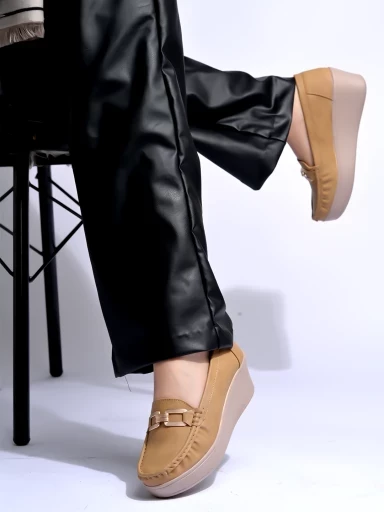 Stylestry Upper Buckle Detailed Tan Loafers For Women & Gilrs