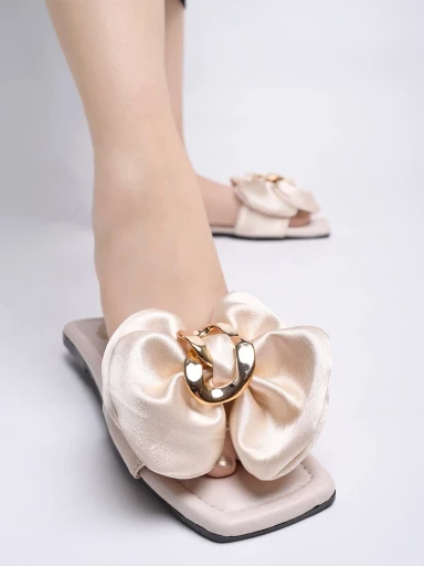 Stylestry Stylish Oversized Bow Detailed Cream Flats For Women & Girls