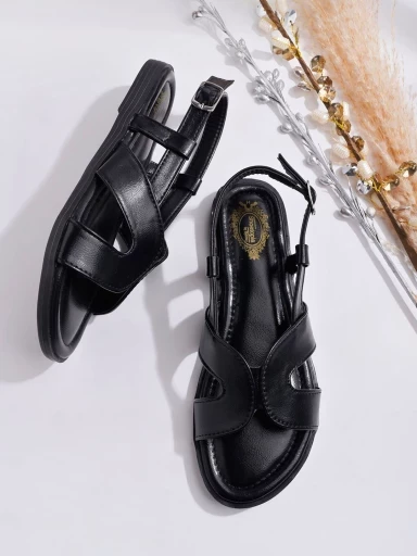 Stylestry Classy Cross Strap Black Flat Sandals For Women & Girls