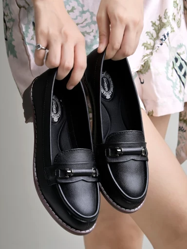 Stylestry upper Buckle Detailed Black Loafers For Women & Gilrs