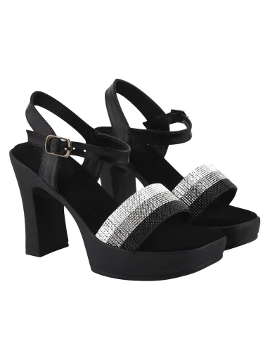 Stylestry Embellished Black Sparkle Block Heeled Sandals For Women & Girls