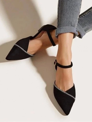 Stylestry Rhinestone Decor Point Toe Ankle Strap Black Ballet Flats