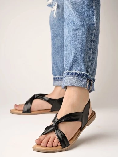 Shoetopia Cross Strap Black Flat Sandals For Women & Girls