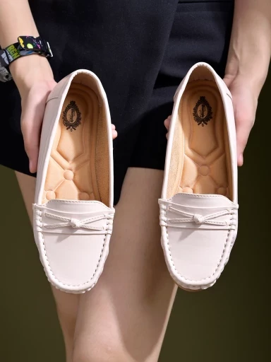 stylestry bow detailed cream loafers for women