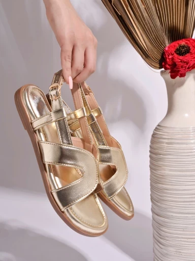 Stylestry Classy Cross Strap Golden Flat Sandals For Women & Girls