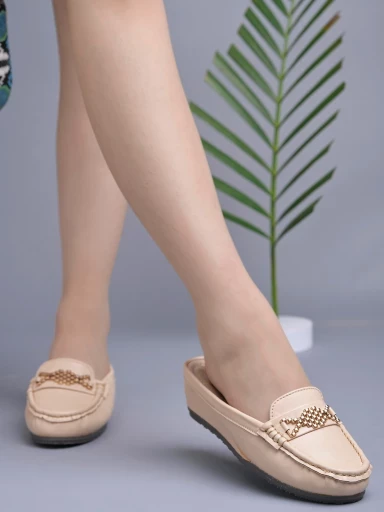 Stylestry Upper Bow Detailed Cream Slip-On Loafers For Women & Girls