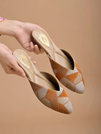 Stylestry Ethnic Orange Flat Mules For Women & Girls