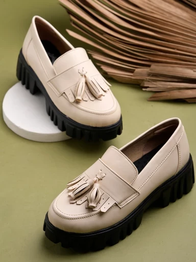 Stylestry upper Bow Detailed Cream Loafers For Women & Gilrs