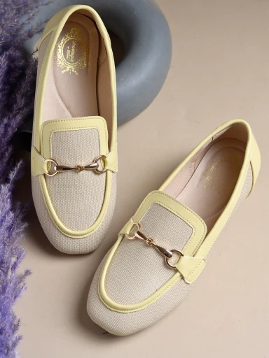 Stylestry Buckle Detailed Cream Loafers For Women & Gilrs