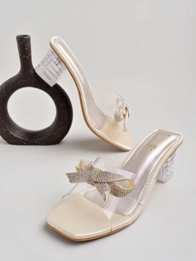 Stylestry Embellished Front Bow Golden Heels For Women & Girls