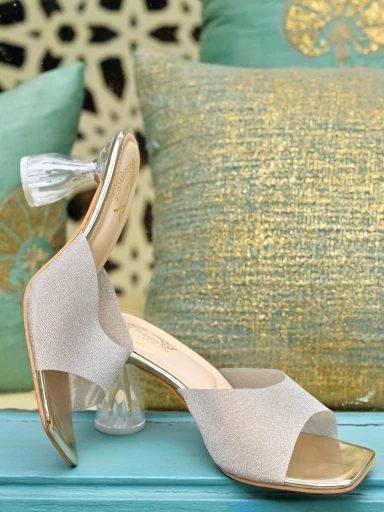 Stylestry Embellished Golden Sparkle Block Heeled Sandals For Women & Girls