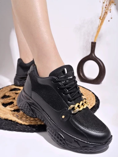 Stylestry Chain Detailed Black Sneakers For Women & Girls