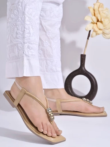 Stylestry Embellishment Gemstones Jewels Detailed Beige Flat Sandals For Women & Girls