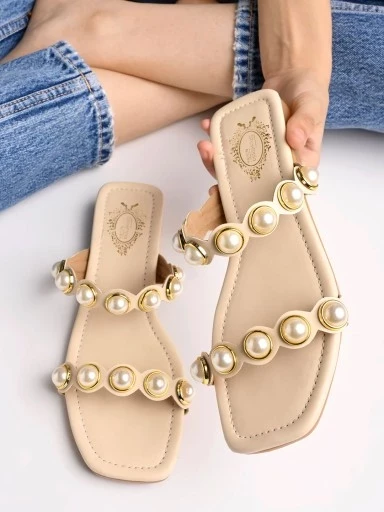 Stylestry Faux Pearl Décor Cream Slip-on Flat Sandals for women