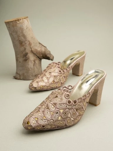 Stylestry Womens & Girls Pink & Silver-Toned Embellished Ethnic Block Mules with Laser Cuts