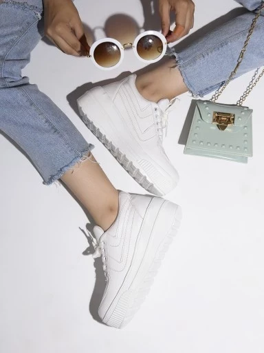 Shoetopia Women White Solid Suede Heeled Sneakers