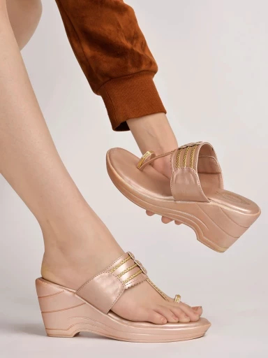 Shoetopia Embellished Sequence Detailed Rose-Gold Wedges For Women & Girls