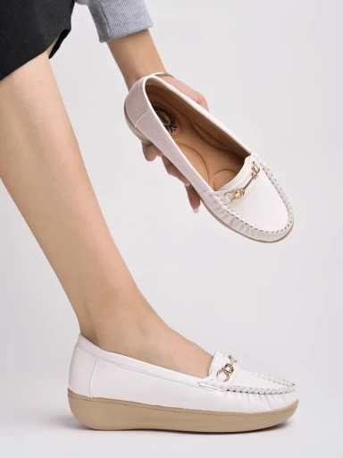 Stylestry Upper Metalic Buckle Detailed White Loafers For Women & Girls