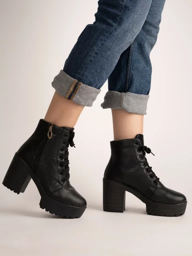 Stylestry Womens & Girls Black Solid Lace Up Boots