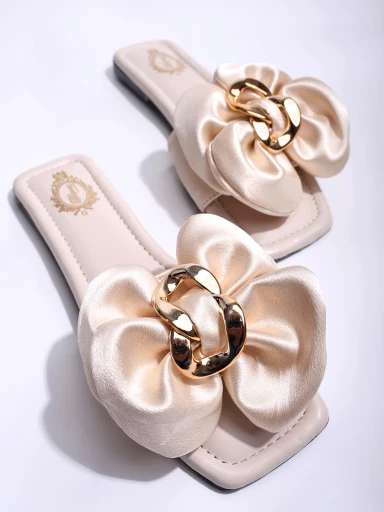 Stylestry Stylish Oversized Bow Detailed Cream Flats For Women & Girls