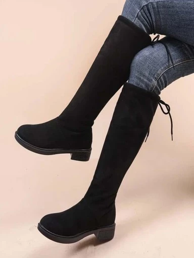 Women's Chunky Heeled Long Boots Retro Solid Color Lace Knee - Temu