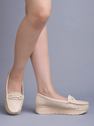 Stylestry upper Bow Detailed Cream Loafers For Women & Gilrs