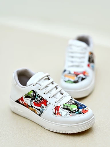 Stylestry Lace-up Printed Detail White Sneakers For Women & Girls