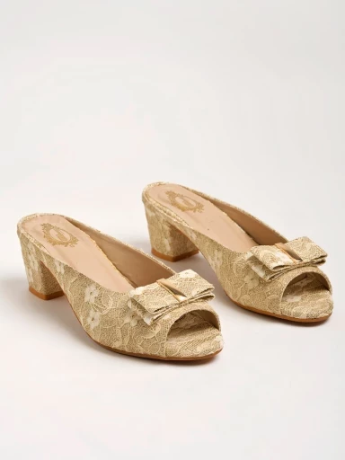 Stylestry Stylish Upper Bow Detailed Golden Block Heels For Women & Girls