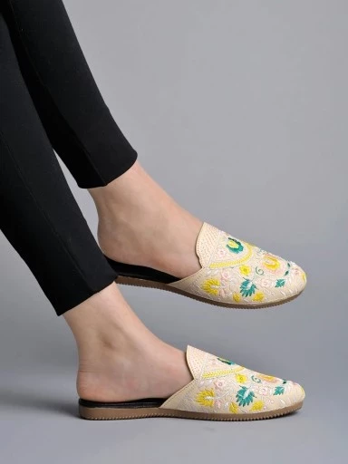 Stylestry Embroidered Detailed Cream Flat Mules For Women & Girls