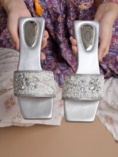 Stylestry Embellished Silver Flats For Women & Girls