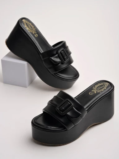 Stylestry Buckle Detailed Black Platform Heels For Women & Girls